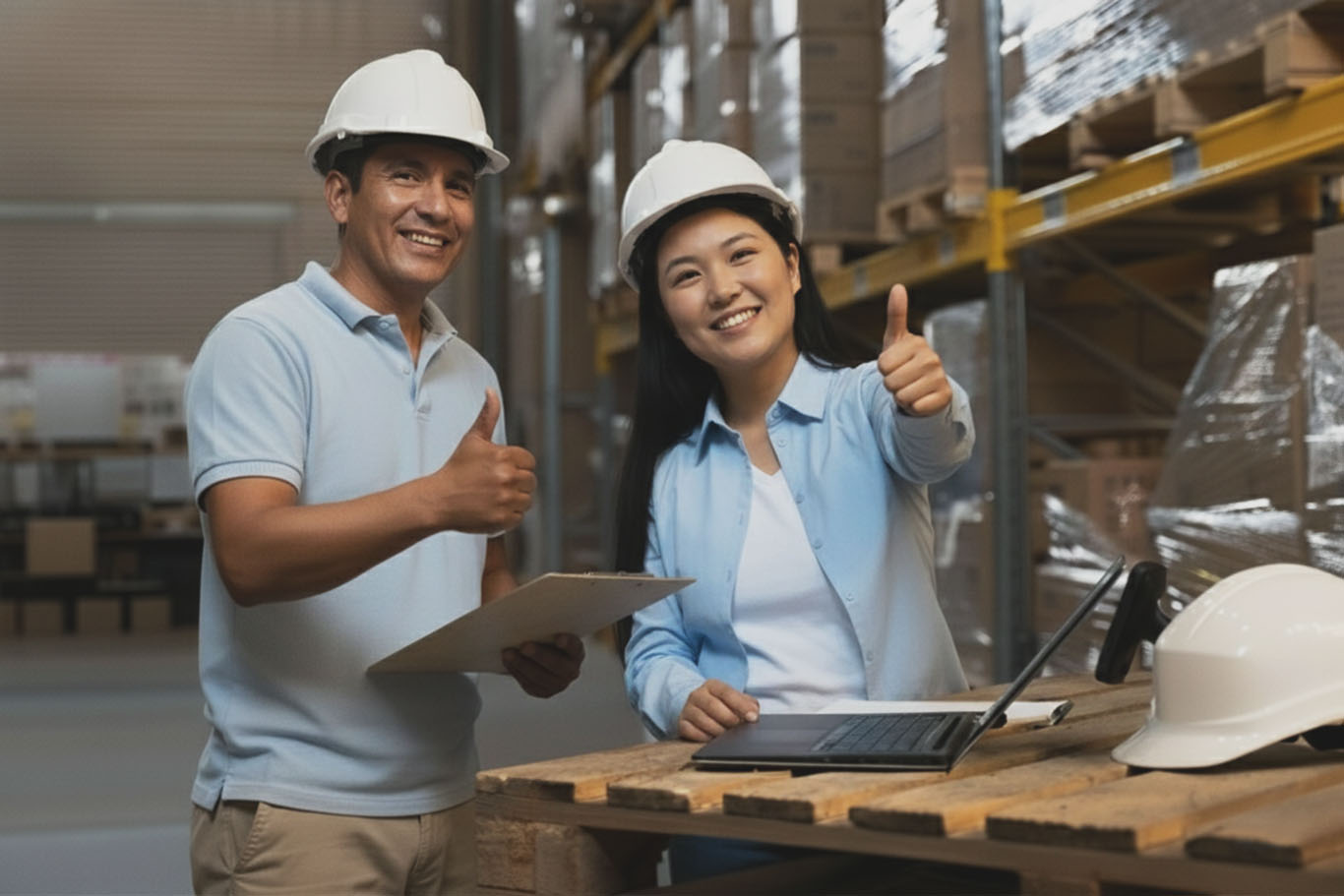 Operadores de comercio exterior revisando documentos en un almacén